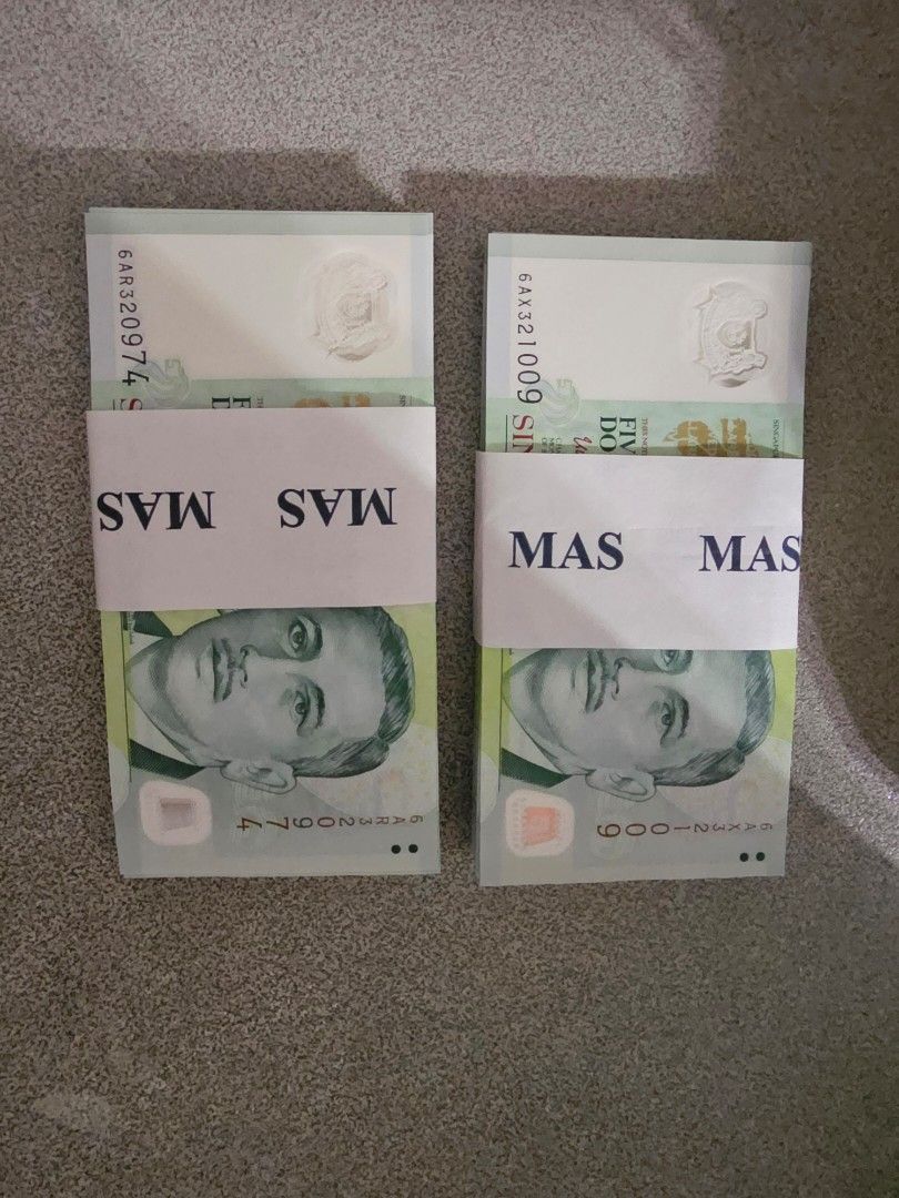 $5 Notes (Category: Currency) located in Singapore. Submitted by mr.tan99 (Listing ID 1458622939, Image 1). Description: $5 notes Condition: UNC 200pcs FV $1000 Selling @ $1050 Many identical and running number..