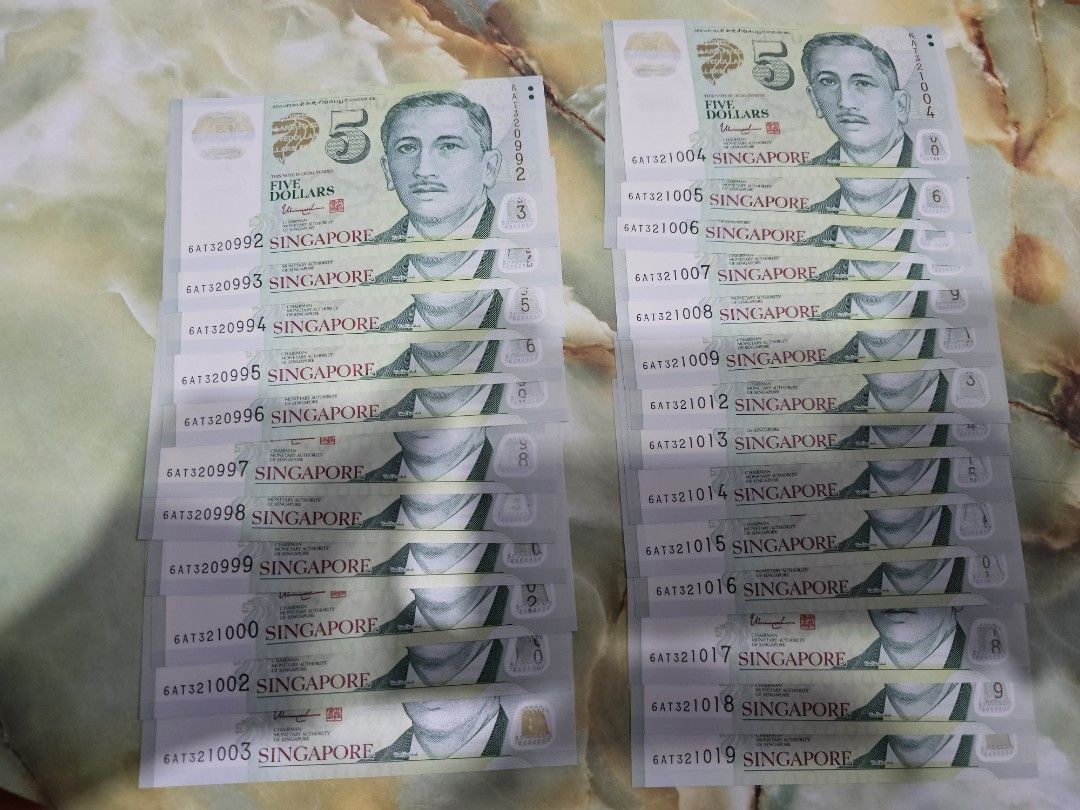 $5 Notes (Category: Currency) located in Singapore. Submitted by mr.tan99 (Listing ID 1458622939, Image 4). Description: $5 notes Condition: UNC 200pcs FV $1000 Selling @ $1050 Many identical and running number..