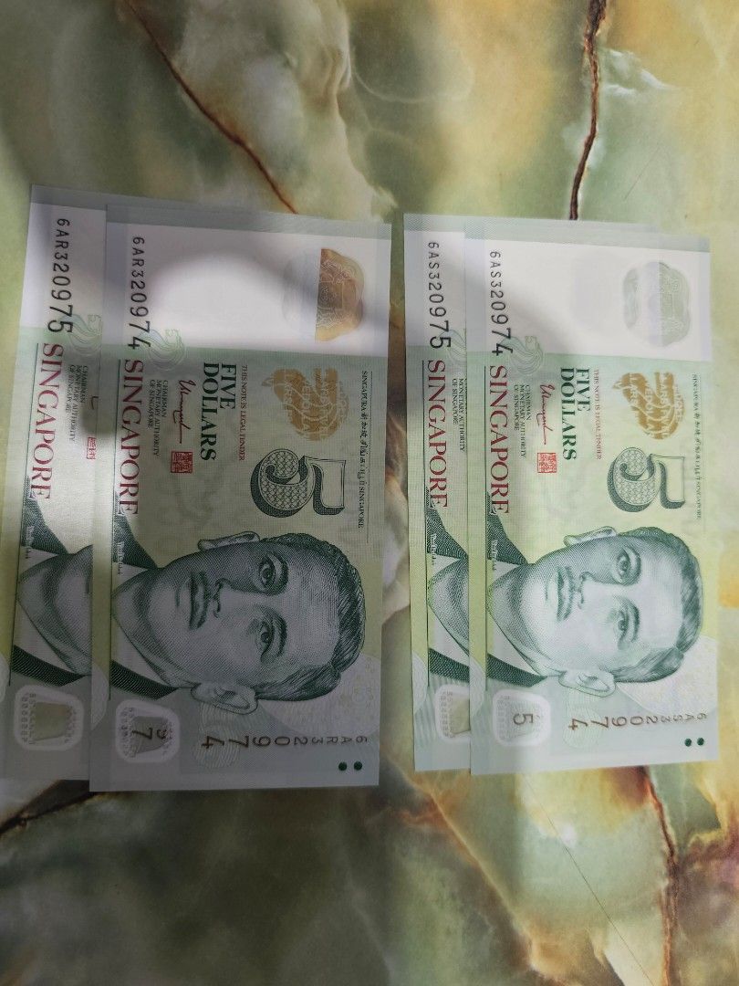 $5 Notes (Category: Currency) located in Singapore. Submitted by mr.tan99 (Listing ID 1458622939, Image 6). Description: $5 notes Condition: UNC 200pcs FV $1000 Selling @ $1050 Many identical and running number..