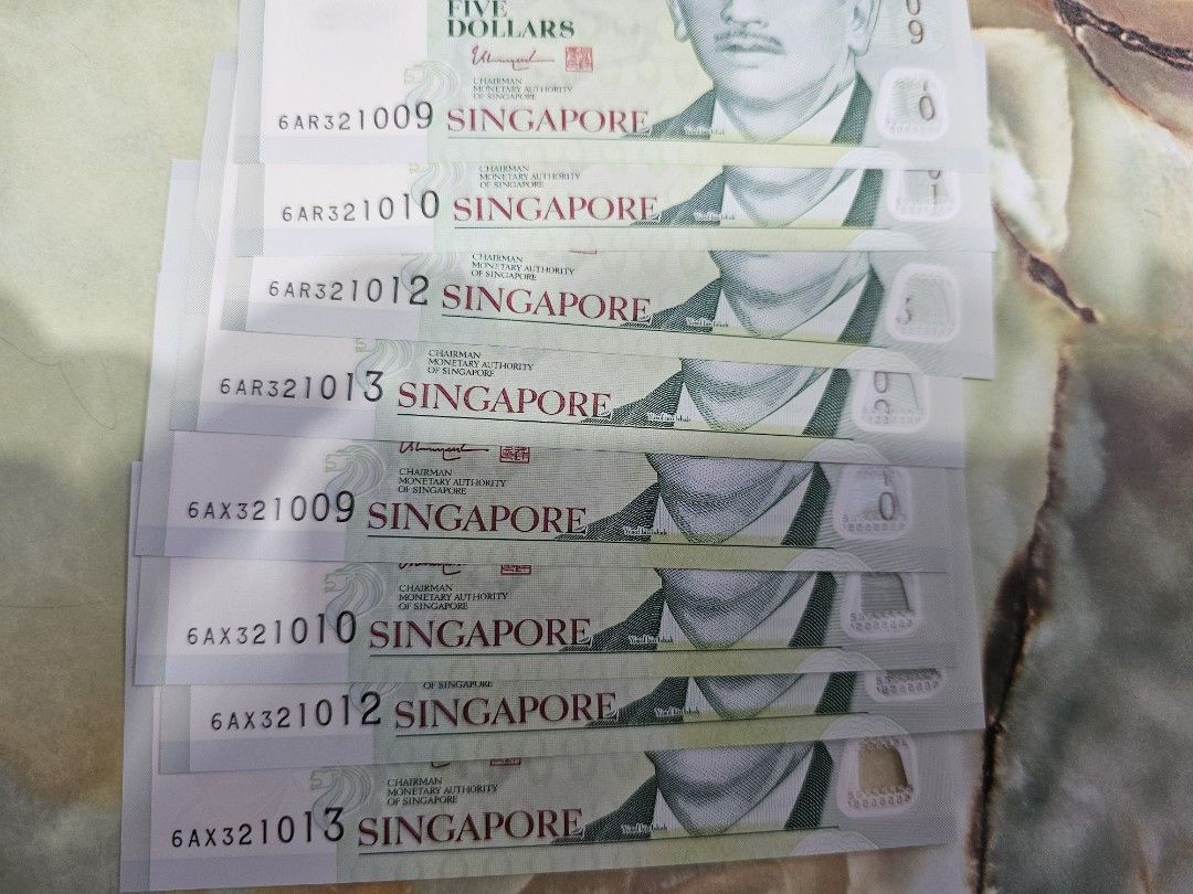 $5 Notes (Category: Currency) located in Singapore. Submitted by mr.tan99 (Listing ID 1458622939, Image 2). Description: $5 notes Condition: UNC 200pcs FV $1000 Selling @ $1050 Many identical and running number..