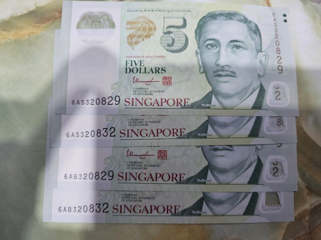 $5 Notes (Category: Currency) located in Singapore. Submitted by mr.tan99 (Listing ID 1458622939, Image 5). Description: $5 notes Condition: UNC 200pcs FV $1000 Selling @ $1050 Many identical and running number..