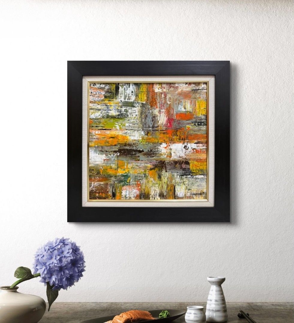 Abstract Painting "Autumn in Stratum" (Category: Art & Prints) located in Quezon City. Submitted by obranitian (Listing ID 1458625822, Image 2). Description: Size: 16 x 16 inches (approx. 22 x 22" with frame) Acrylic paint with varnish finishing On stretched Canvas with double black frame With COA Ready to Display Pm me for details..