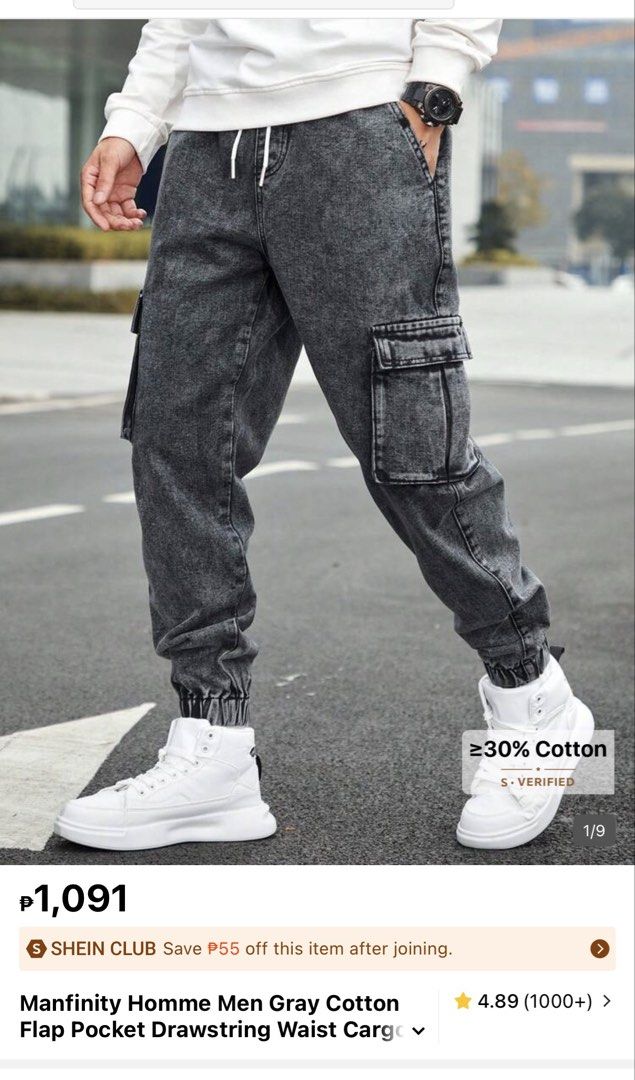 Acid Gray Cargo pants (Category: Joggers) located in San Isidro. Submitted by epictiger_e56216 (Listing ID 1458615578, Image 2). Description: In very good condition Once used No issue No damaged Bought this from Shein for 1k plus now selling it for 390 Loc : Magalang pampanga Ship via JNT / payment first .