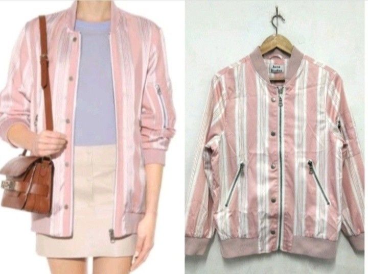 ACNE STUDIOS Pink White Striped Bomber Jacket (Category: Luxury Apparel) located in Navotas City. Submitted by ms.soulana (Listing ID 1454403329, Image 1). Description: PreOwned LikeNew Lightly Used Authentic 💗💗 Acne Studios Womens bomber jacket - Features pink and white vertical stripes - Zip-up front with snap button closure - Two zippered front pockets - Ribbed cuffs and hem for a snug fit - Ideal for stylish layering Size SMALL -Semi Large 