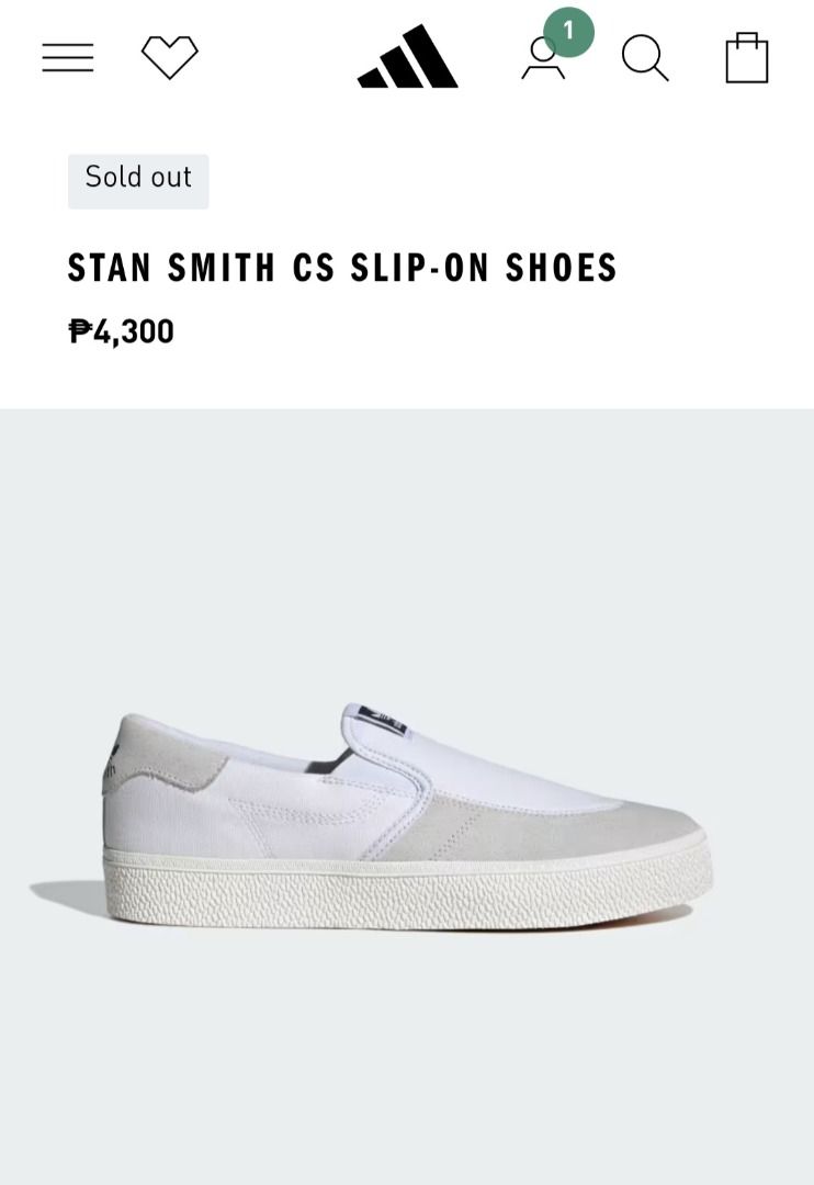ADIDAS stan smith white slip on shoes (Category: Sneakers) located in Pasig City. Submitted by liderngtatlongbibe (Listing ID 1458618148, Image 2). Description: RFS: decluttering; need fundss ✨️ DETAILS - (brand new) never used, only tried on to fit - good for casual errands day - easy to wear - just a bit dusty on the sole bcs of storage - best fit size 8 *og price: php 4,300 🐥 feel free to ask for additional pics / questions about items ❗️REMI