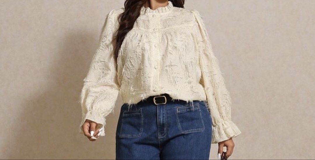 Apricot Plus Size Ruffle Collar Long Sleeve Top (Category: Others Tops) located in Alfonso. Submitted by fromshai__ (Listing ID 1458587490, Image 1). Description: Never worn — unfortunately too big for me and didn’t suit me, so I’m letting it go! Size 1XL. Feel free to message me if interested! ♡.