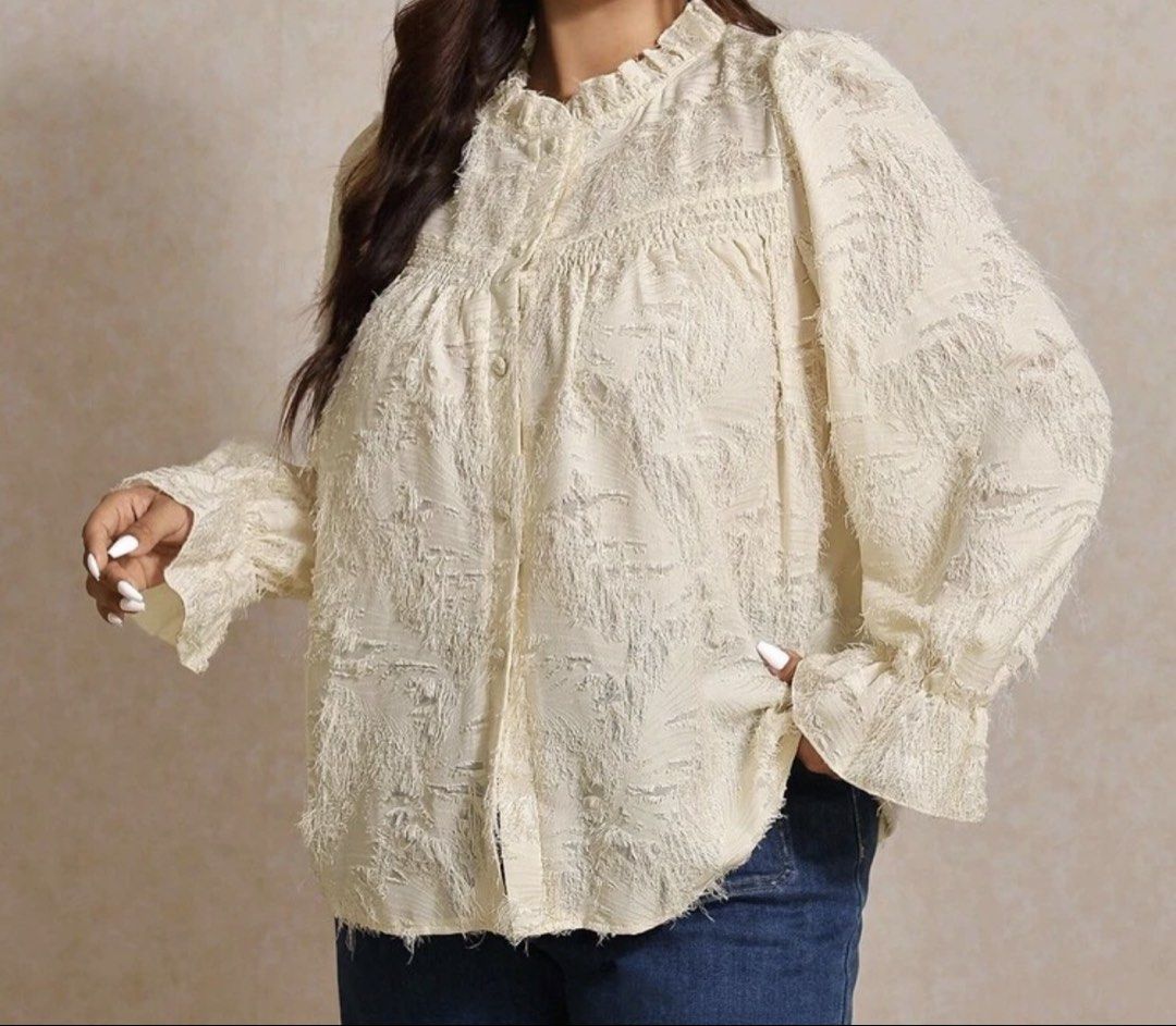 Apricot Plus Size Ruffle Collar Long Sleeve Top (Category: Others Tops) located in Alfonso. Submitted by fromshai__ (Listing ID 1458587490, Image 3). Description: Never worn — unfortunately too big for me and didn’t suit me, so I’m letting it go! Size 1XL. Feel free to message me if interested! ♡.