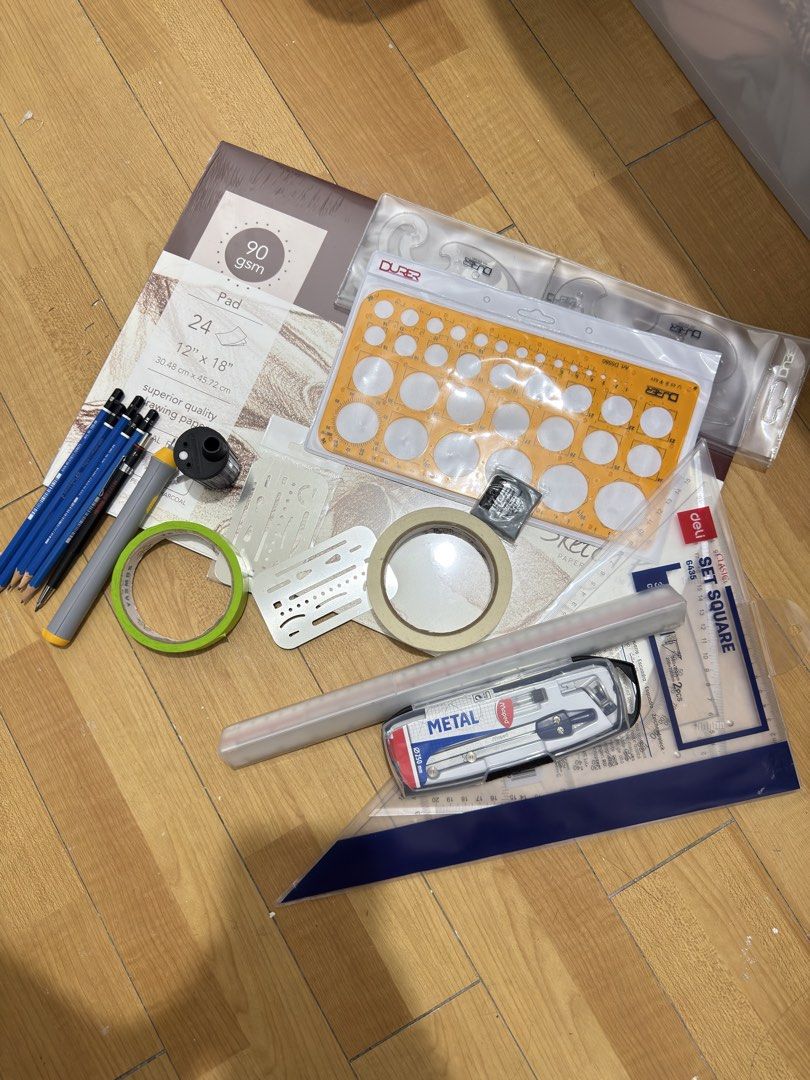 Architecture Stuff (Category: Stationery & School Supplies) located in Bulacan. Submitted by audreyurlanda (Listing ID 1458644842, Image 2). Description: Inclusions: - White Acrylic Glass Drawing Board 24x36 (can be a light pad) - Staedtler 36inches TSquare - Canister, Arki Bag (for canister and tsquare) - Canson Sketch Pad 12x18 - Circle, Triangles, and French Curve - Rotring Clutch Pencil - Staedtler Pencils (2H, 2B, 4B, HB, B, H) - Metric Scal