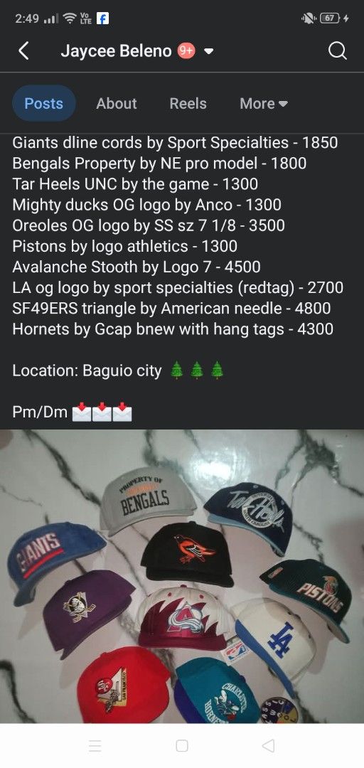 Assorted Baseball Caps - Various Teams & Brands (Category: Caps & Hats) located in Manila. Submitted by ramosjacqu35241 (Listing ID 1458556651, Image 1). Description: For sale ‼️ Vintage hats 🔥 Giants dline cords by Sport Specialties - 1850 Bengals Property by NE pro model - 1800 Tar Heels UNC by the game - 1300 Mighty ducks OG logo by Anco - 1300 Oreoles OG logo by SS sz 7 1/8 - 3500 Pistons by logo athletics - 1300 Avalanche Stooth by Logo 7 -