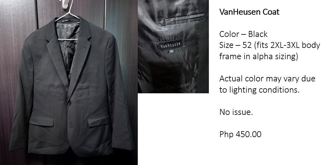 Assorted office coats (Category: Coats, Jackets and Outerwear) located in Muntinlupa City. Submitted by redscarlet (Listing ID 1458636649, Image 2). Description: Information about the coats included in the photo. Starts at 300.00.