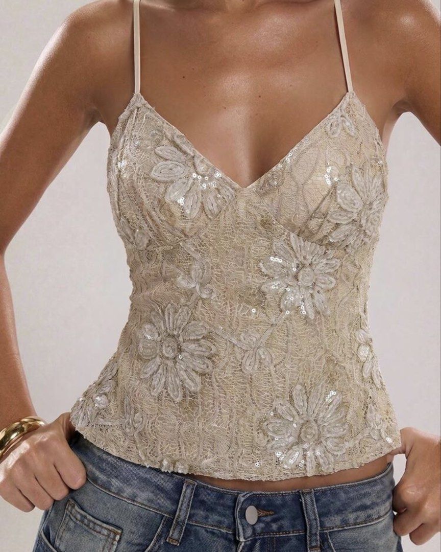 Backless Lace Beaded Camisole Top (Category: Sleeveless) located in Manila. Submitted by xoxofia (Listing ID 1458647325, Image 1). Description: • used once • size XS-Small • pretty details & premium quality • what you see is what you get 💯 💌 DM for actual photos .