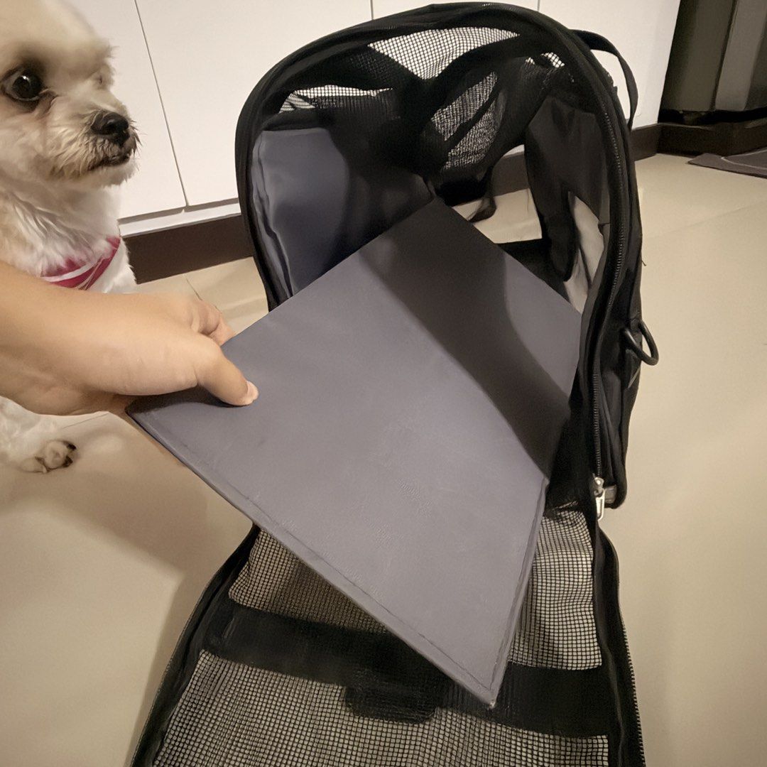 Black Pet Carrier Bag with Mesh Panels (Category: Homes & Other Pet Accessories) located in Marikina City. Submitted by _bananahanaa (Listing ID 1458552795, Image 3). Description: - Durable black pet carrier bag - Mesh panels on sides and front for ventilation - Includes a removable base pad - Top and side zippers - Front zippered pocket.