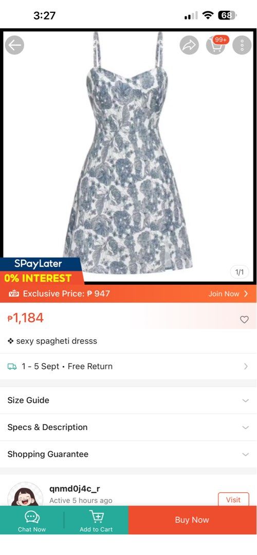 Blue Floral Spaghetti Strap Mini Dress (Category: Dresses) located in Manila. Submitted by yaycockroach (Listing ID 1458566474, Image 2). Description: - Cute blue and white floral print dress - Spaghetti straps - Sweetheart neckline - Side slit - Ideal for summer days or casual events - Easy to wear and style.