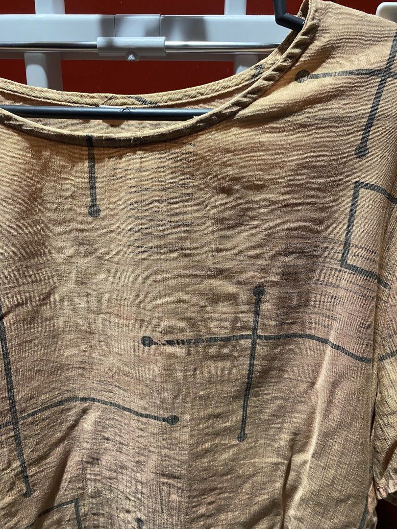 Brown Geometric Print T-shirt (Category: Tshirts & Polo Shirts ) located in Bauang. Submitted by nrrandomthings (Listing ID 1458659577, Image 2). Description: - Casual brown t-shirt - Unique geometric pattern - Short sleeves - Round neckline - Textured fabric look - Ideal for everyday wear - Pairs easily with jeans or shorts.