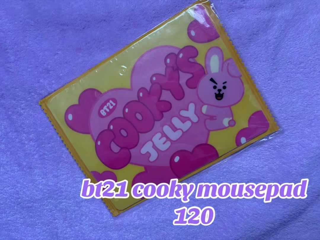 BT21 Cooky Jelly Mousepad (Category: Character Goods) located in Navotas City. Submitted by rclosetph (Listing ID 1458623153, Image 1). Description: - Official BT21 Cooky mousepad - Features the adorable Cooky character - 'Cooky Jelly' design - Vibrant yellow and pink color scheme - Adds a fun touch to your workspace - Ideal for BT21 fans.
