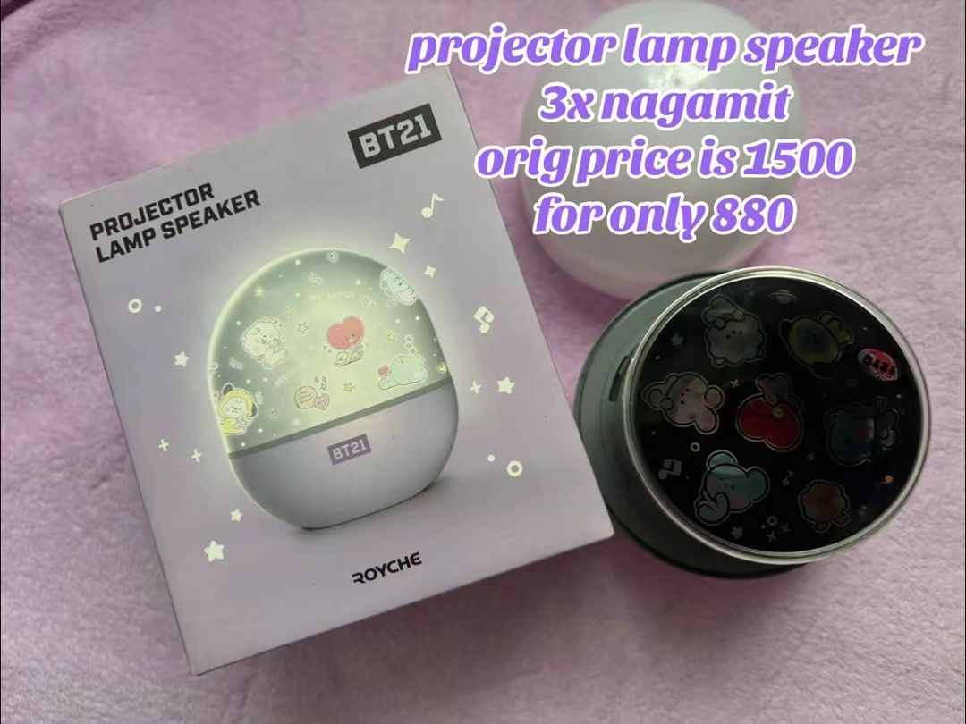 BT21 Projector Lamp Speaker by ROYCHE (Category: Soundbars, Speakers & Amplifiers) located in Navotas City. Submitted by rclosetph (Listing ID 1458622673, Image 1). Description: - BT21 Projector Lamp Speaker - Condition: Like new, used only 3 times - Original Price: P1500 - Selling Price: P880 - Perfect for creating a fun and vibrant atmosphere bawal sa maarte.