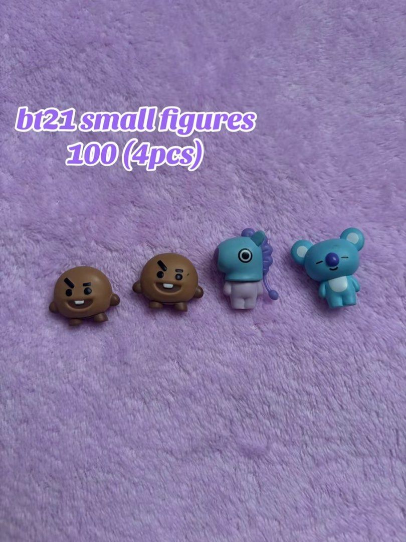 BT21 Small Figures Set (4pcs) (Category: Designer & Blind Box Toys) located in Navotas City. Submitted by rclosetph (Listing ID 1458622545, Image 1). Description: - Set of 4 adorable BT21 small figures - Perfect for any BT21 or BTS fan - Ideal for collecting or decorating your space - Small and super cute design.