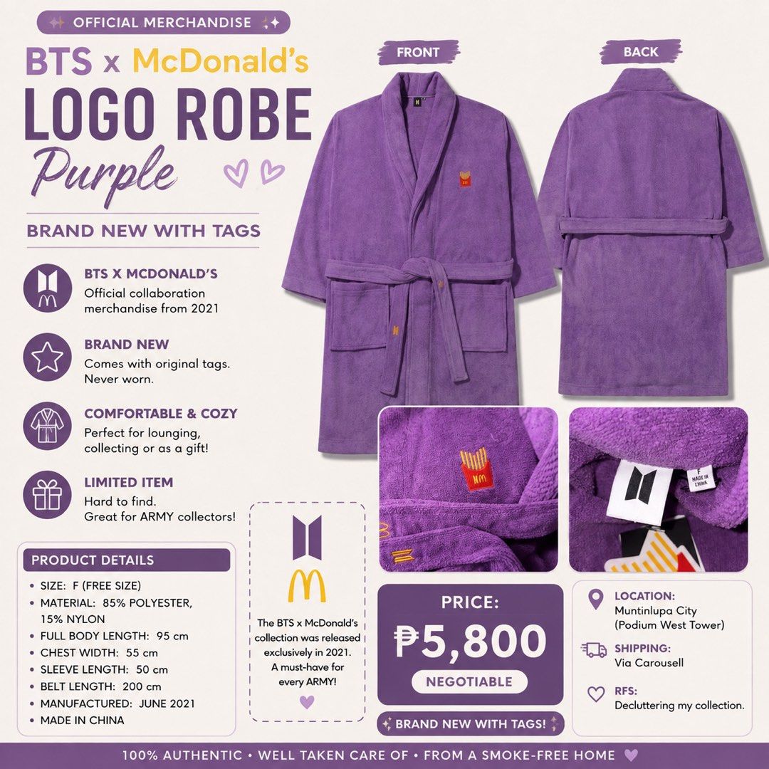 BTS McDonald's Collaboration Purple Bathrobe (2021) (Category: Undergarments & Loungewear) located in Mandaluyong City. Submitted by koochisabishii_bns (Listing ID 1447603051, Image 1). Description: - Official BTS x McDonald's collaboration purple bathrobe. - Features iconic McDonald's fries logo embroidered on the chest. - Includes BTS logo embroidered on the belt. - Made from soft and comfortable material. - Perfect for relaxing and lounging at