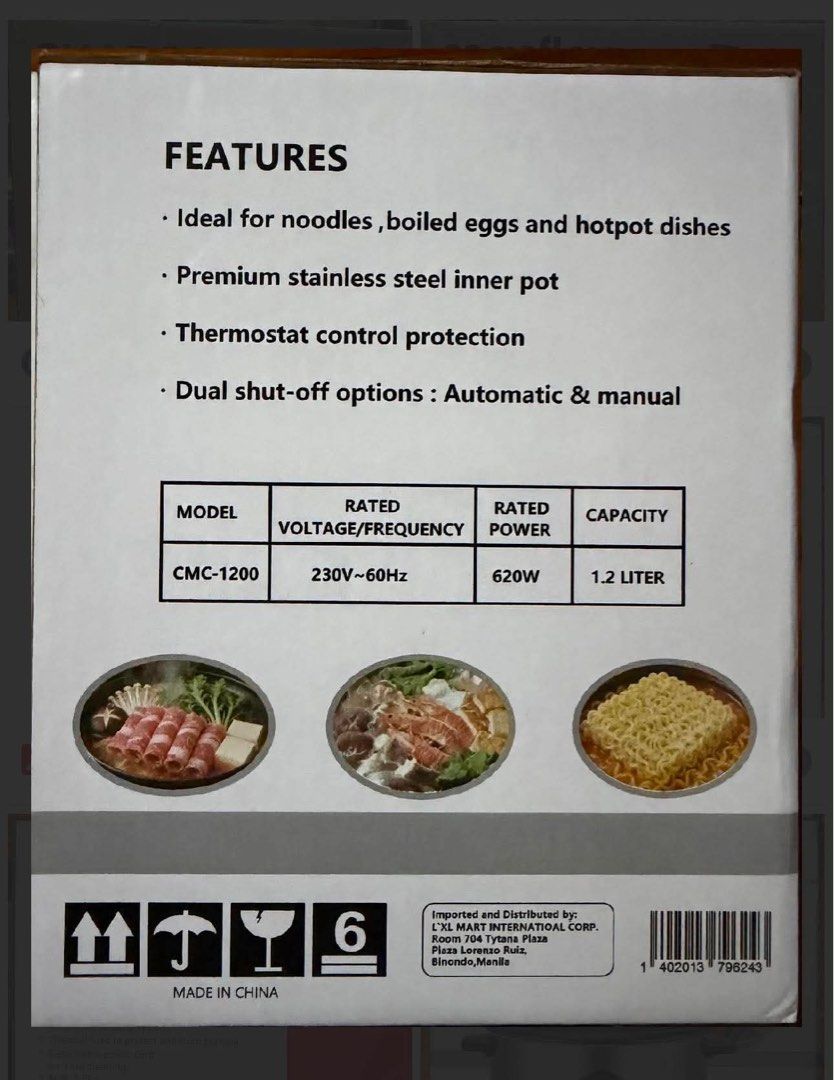 Caribbean Multi Function Cooker CMC-1200 (Category: Cookers) located in San Jose del Monte. Submitted by mm_ch (Listing ID 1458575553, Image 3). Description: - Caribbean Multi Function Cooker (Model: CMC-1200) - Ideal for noodles, boiled eggs, and hotpot - 1.2L capacity - 620W power - Premium stainless steel inner pot - Thermostat control - Dual shut-off safety features - Easy to use and clean.