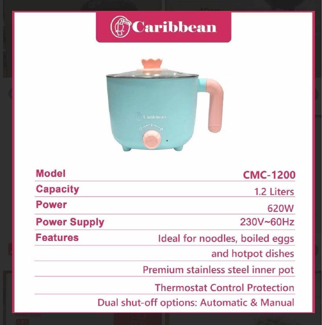 Caribbean Multi Function Cooker CMC-1200 (Category: Cookers) located in San Jose del Monte. Submitted by mm_ch (Listing ID 1458575553, Image 2). Description: - Caribbean Multi Function Cooker (Model: CMC-1200) - Ideal for noodles, boiled eggs, and hotpot - 1.2L capacity - 620W power - Premium stainless steel inner pot - Thermostat control - Dual shut-off safety features - Easy to use and clean.