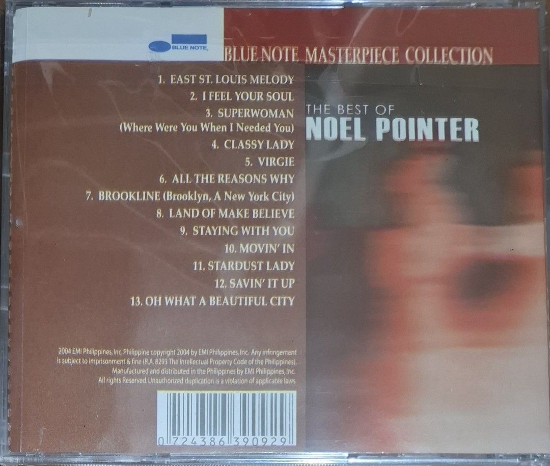 (CD) Noel Pointer: The Best - Blue Note Masterpiece Collection (Category: CDs & DVDs) located in Makati City. Submitted by decluttermp (Listing ID 1458519445, Image 2). Description: - Condition: Near Mint - Manufactured in the Philippines - With plastic sleeves.