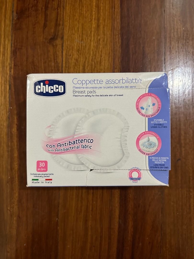 Chicco Anti-Bacterial Breast Pads (Category: Breastfeeding & Bottle Feeding) located in Makati City. Submitted by travelfinds34611 (Listing ID 1458635599, Image 1). Description: Chicco Anti-Bacterial Breast Pads BOX OPENED. 28/30 PCS OF SEALED INDIVIDUAL PACKS ARE STILL THERE. - Features: Highly absorbent, antibacterial fabric, gentle on delicate skin, discreet design - Packaging: Individually wrapped for hygiene .