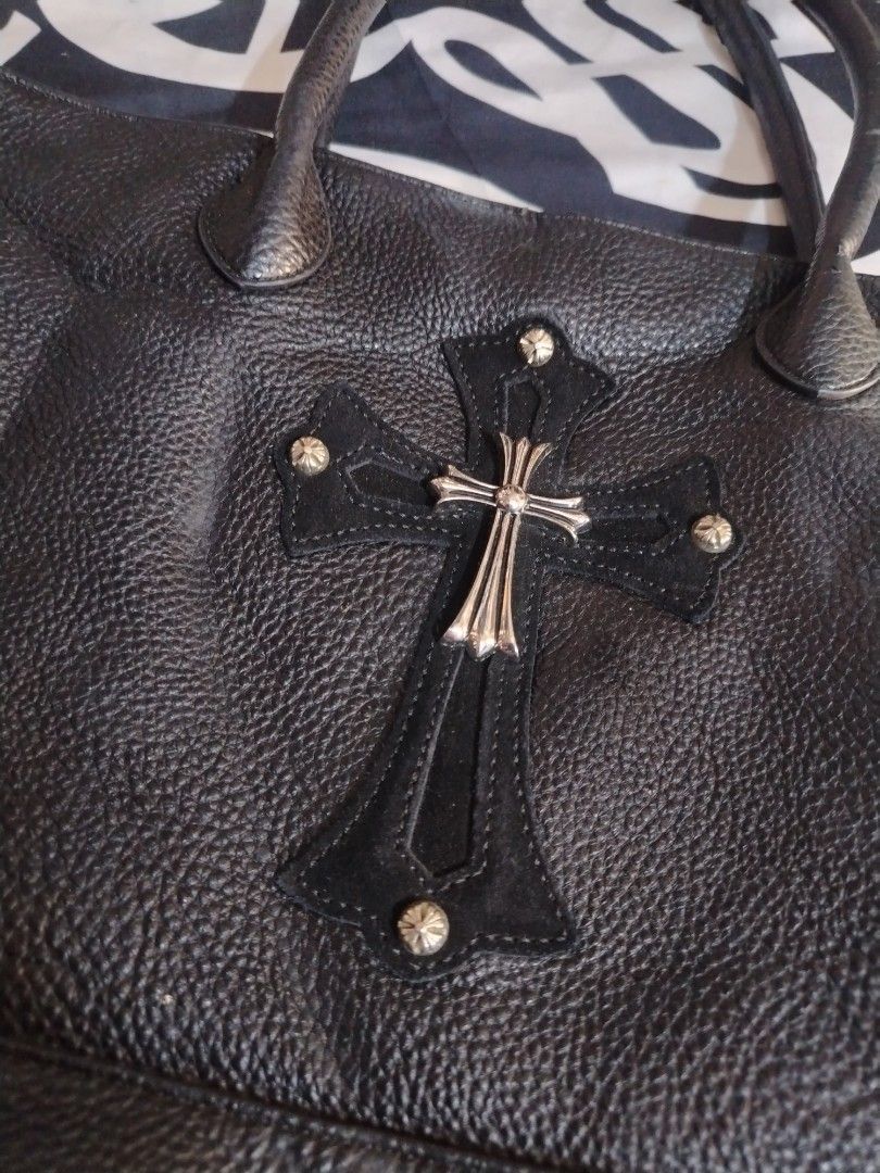 Chrome hearts leather tote bag (Category: Tote Bags) located in Roxas City. Submitted by hd_thriftshop (Listing ID 1458541889, Image 2). Description: Chrome hearts leather tote bag featuring a prominent silver-toned cross emblem with studded details,.