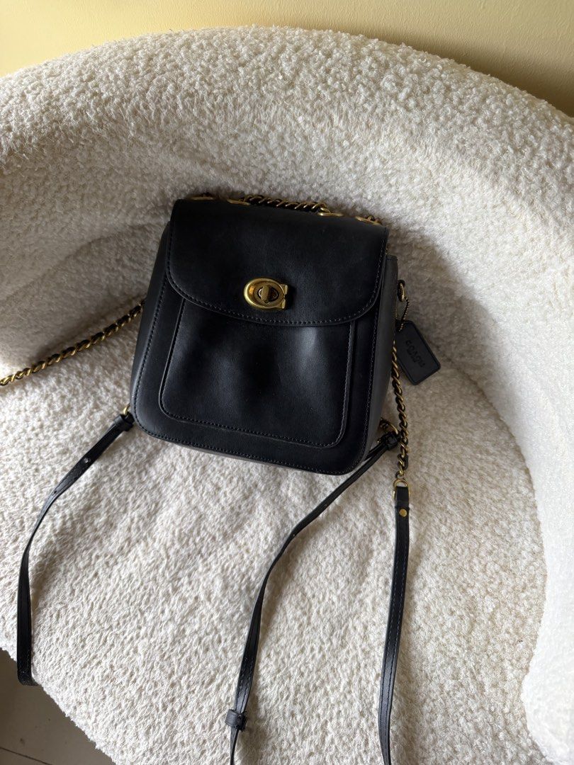 Coach Madison Convertible Backpack 18 (Category: Luxury Bags & Wallets) located in Bulacan. Submitted by milobearrr (Listing ID 1458582478, Image 2). Description: - Genuine black leather Coach bag - Elegant gold hardware - Secure front turnlock closure - Convenient interior zippered pocket - Adjustable chain strap for versatile wear - Includes original Coach leather tag - Ideal for everyday use and evening events - issue yung turnlock po gasgas n