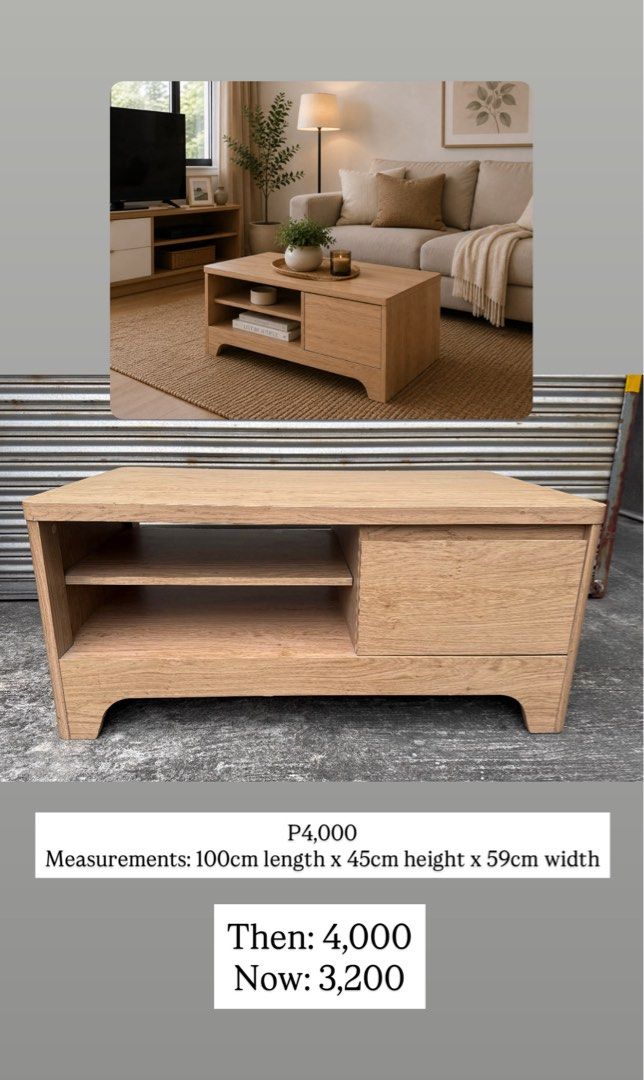 Coffee/Center Table for Sale! (Category: Other Home Decor) located in Manila. Submitted by lorrainebungay (Listing ID 1458658732, Image 1). Description: COFFEE TABLE — ₱3,200 ONLY! 🤎 💰 Was ₱4,000 → Now ₱3,200 📏 100L × 45H × 59W cm ✨ Spacious shelf + drawer storage ⚠️ May have minor cosmetic issues/marks due to mall display. Please manage expectations. 📍 Pasig City 🚚 Lalamove available 💳 BPI Bank Transfer Serious buyers only. Message to rese