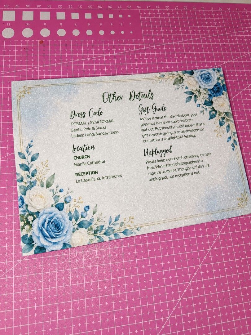 Custom Wedding Invitation Sliding (Category: Dresses) located in Quezon City. Submitted by kiriah (Listing ID 1458525626, Image 2). Description: - Beautiful blue floral design - Complete set: Invitation & Program - Includes: Wedding details, timeline, dress code, gift guide - Perfect for formal weddings - Printed on quality paper with glitter can costumized your preferred design .
