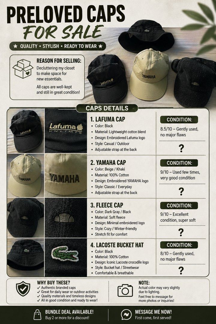 Declutterring Caps (Category: Caps & Hats) located in Manila. Submitted by dacsjohnny (Listing ID 1458684696, Image 1). Description: Price range will be ₱200 - ₱500 Taguig Location 📍 Can shipped via JNT and meetup/pickup nearby.
