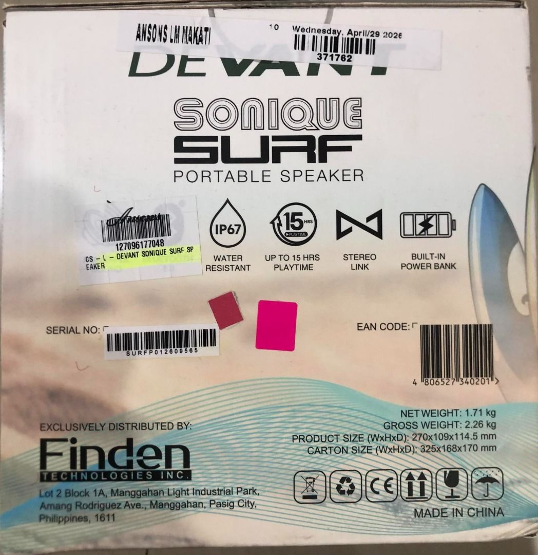 Devant Sonique Surf Portable Speaker IP67 Water Resistant (Category: Soundbars, Speakers & Amplifiers) located in Makati City. Submitted by _chu1234 (Listing ID 1458606148, Image 2). Description: - Devant Sonique Surf Portable Speaker - IP67 Water Resistant - Up to 15 Hours Playtime - Stereo Link: Connect multiple speakers for immersive sound. - Built-in Power Bank: Charge your devices on the go. - Ideal for Outdoor Use - Comes in Original Packag