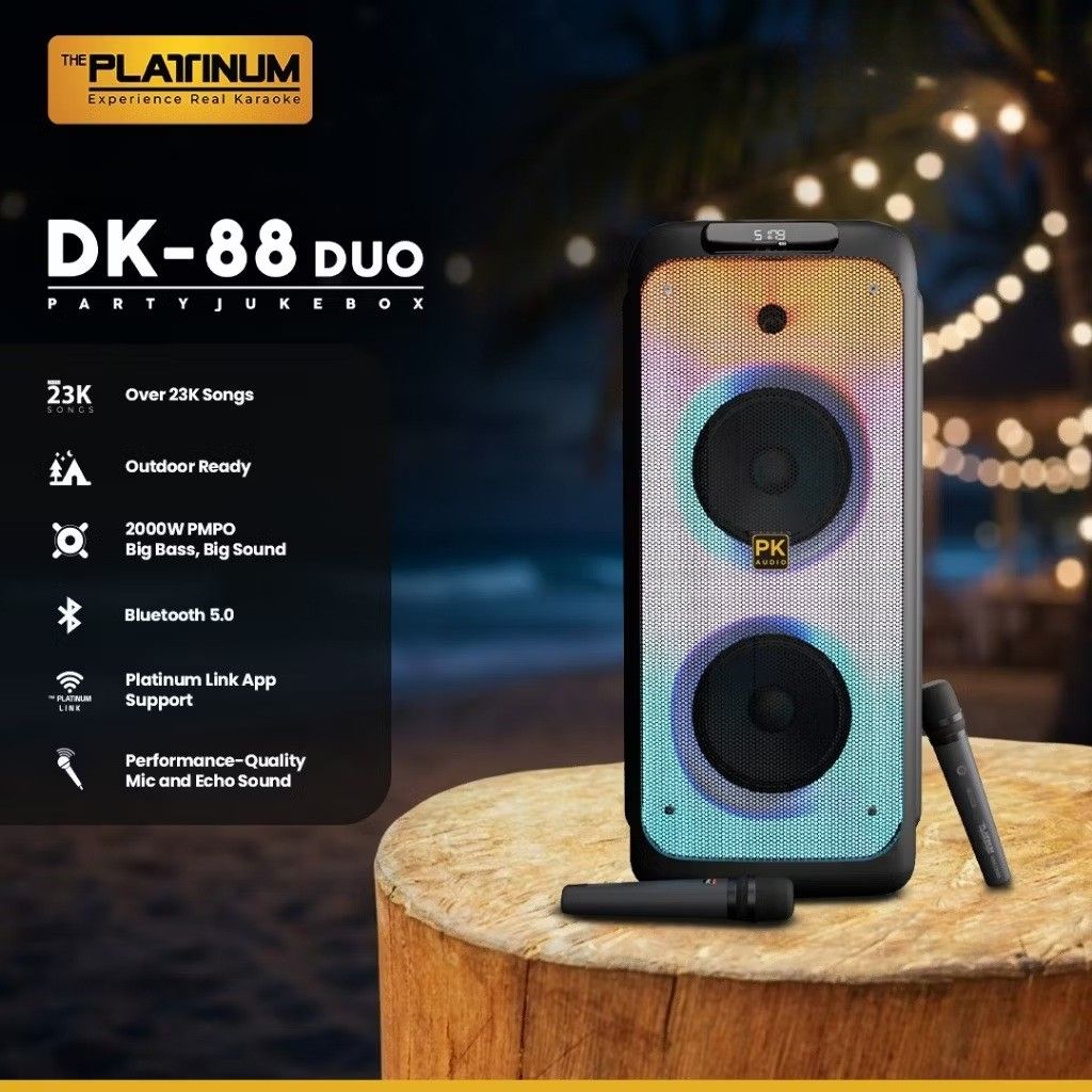 DK 88 Duo Party Jukebox Platinum Karaoke (Category: Soundbars, Speakers & Amplifiers) located in Quezon City. Submitted by tinylittlecorner (Listing ID 1458639563, Image 1). Description: Barely Used, owned for 1 year. Sakto for Christmas season The ultimate all-in-one system for music & karaoke, official Platinum branded. Sounds really clear and loud, perfectly portable for parties. Comes with the ff: Main speaker unit Songbook 2 Microphones Remo