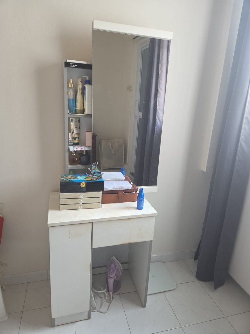Dressing table (Category: Shelves, Cabinets & Racks) located in Singapore. Submitted by majulahdealz (Listing ID 1458635420, Image 2). Description: in great condition with plenty of storage. hinges, rollers, drawer track in perfect condition. has some makeup stains which can be easily wiped off.
