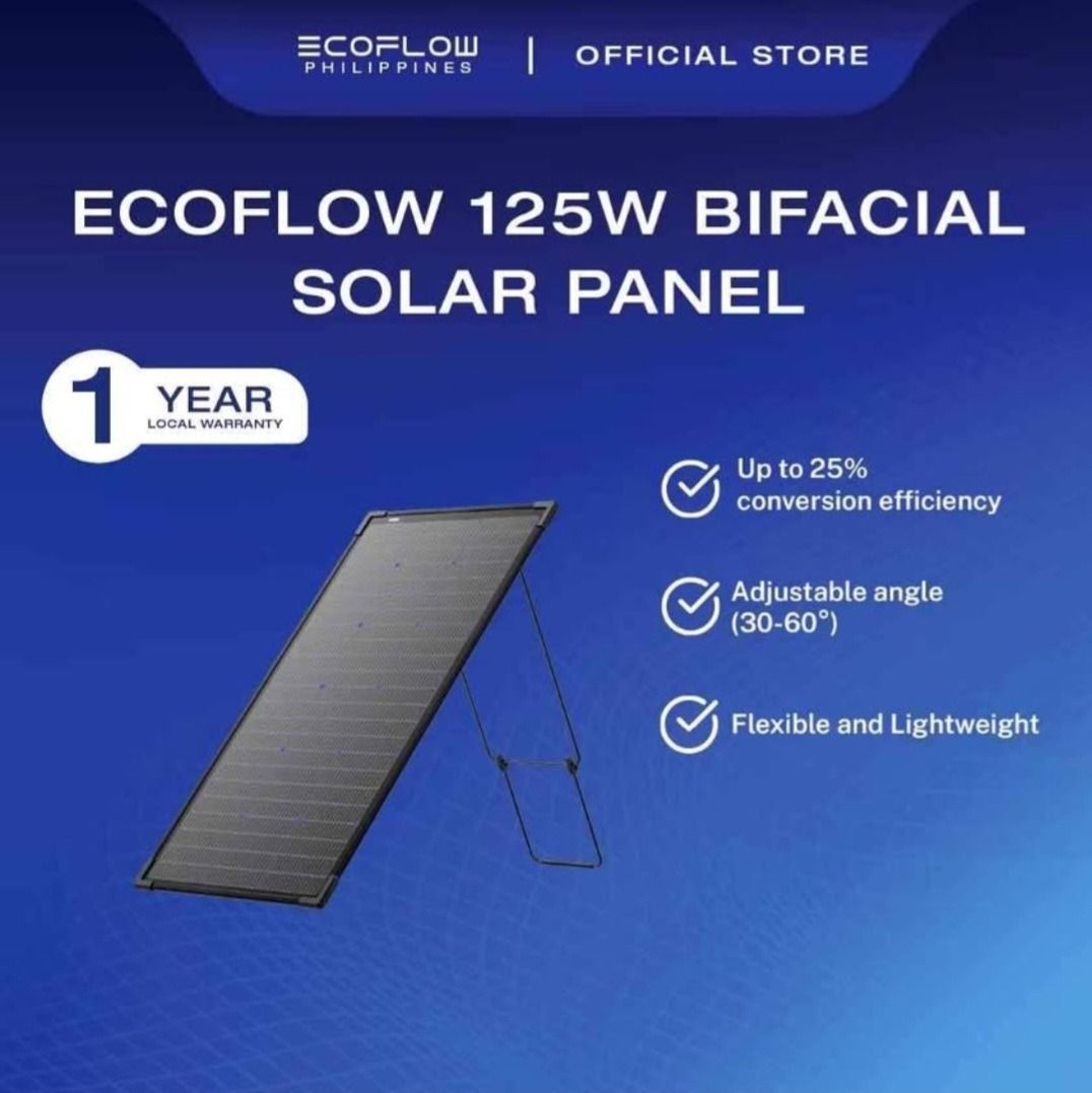EcoFlow 125W Bifacial Modular Solar Panel (Category: Other Home Appliances) located in Angeles City. Submitted by titobiryani (Listing ID 1458560514, Image 1). Description: ☀️ FOR SALE — BRAND NEW ECOFLOW 125W BIFACIAL SOLAR PANEL ☀️ Brand new and unused! Perfect for your EcoFlow portable power station or off-grid setup. PORTABLE ✅ 125W Bifacial Solar Panel ✅ Adjustable angle 30°–60° ✅ Flexible & lightweight ✅ Great for camping, emergency backup,