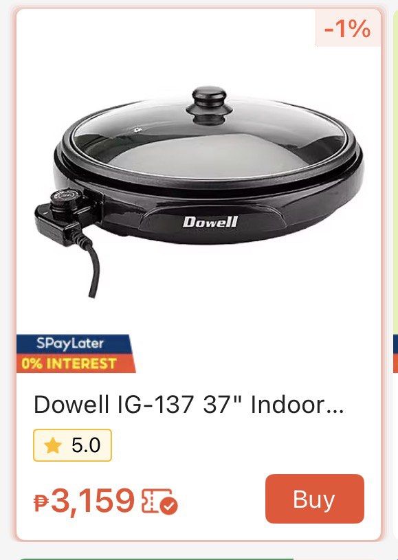 Electric Grill Pan with Glass Lid (Category: Cookware & Accessories) located in Las Pinas. Submitted by misso.263 (Listing ID 1458675764, Image 2). Description: DOWELL Indoor Grill Pan Description : Authentic Dowell electric grill hot pot pan with its original glass lid. Brand: DOWELL Includes : Main non-stick cooking pan and tempered glass lid with knob. Condition: Kept in storage. Minor storage dust and surface wear. Glass lid is completely int