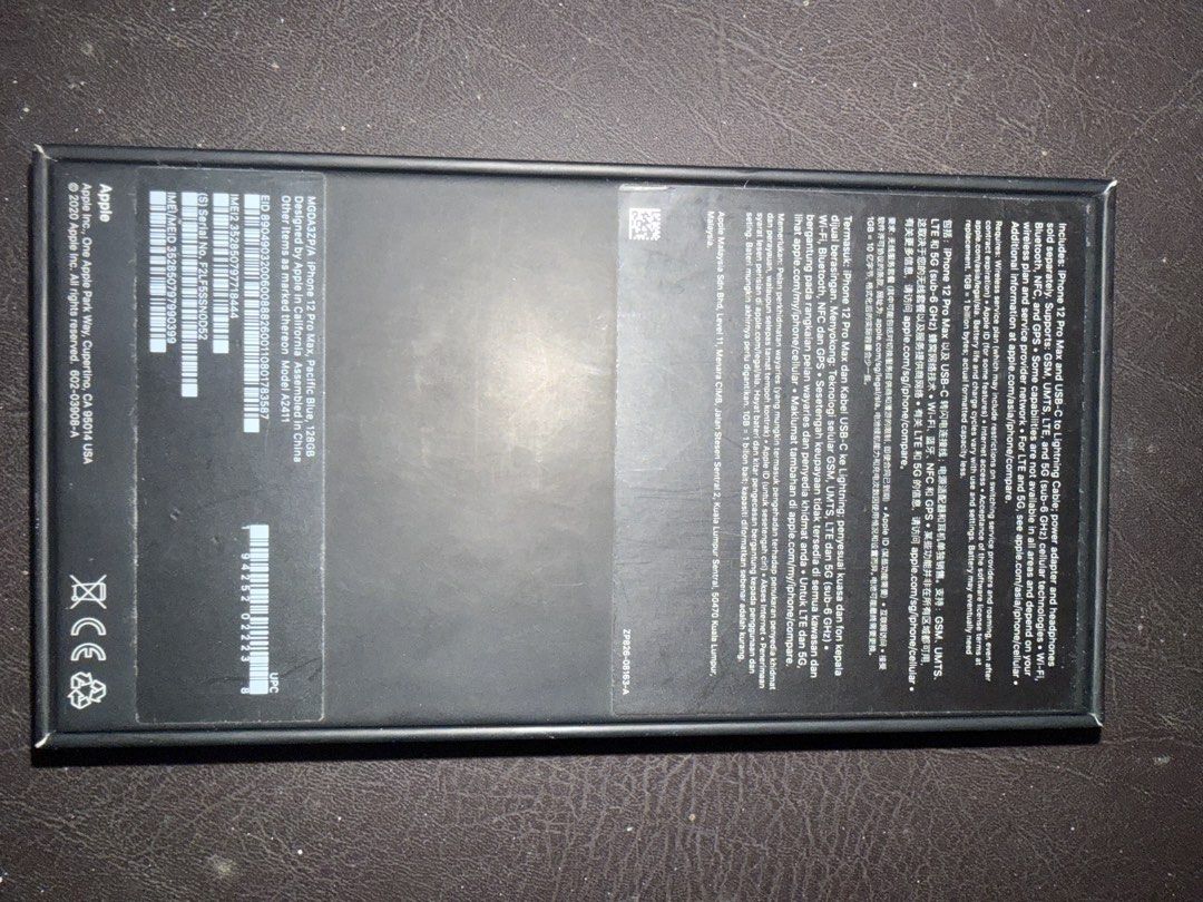 Empty Box Only for Apple iPhone 12 Pro Max Pacific Blue Box (Category: iPhone 12 Series) located in Paranaque City. Submitted by goldboxph (Listing ID 1458579442, Image 2). Description: - Original box for iPhone 12 Pro Max - Color: Pacific Blue - Includes SIM ejector tool - Includes paperwork - Selling as is, please check photos for details.