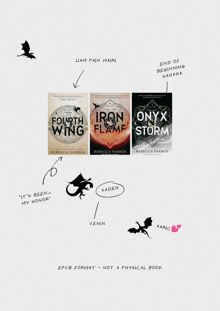 Empyrean Series - EPUB (Category: Storybooks) located in Calamba. Submitted by humis.collection (Listing ID 1458519830, Image 1). Description: Emperyean Series by Rebecca Yarros * Fourth Wing * Iron Flame * Onyx Storm Bundle price 100 PHP, 50 each This is an epub and not a physical book. For e-readers e.g, kindle, kobo, boox etc., ipads, phones. .
