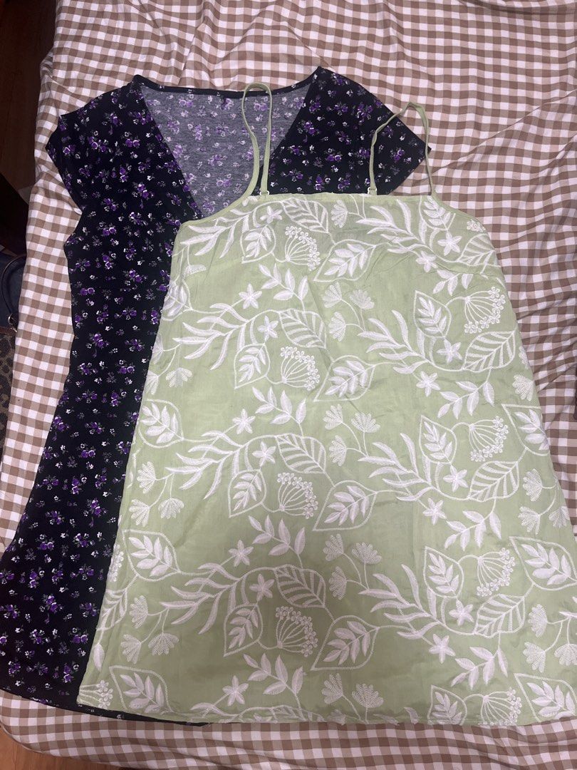 Floral Print Dresses Bundle (Category: Dresses) located in Pasig City. Submitted by jnzmrq1003 (Listing ID 1458542741, Image 3). Description: - Two adorable floral print dresses. - Dress 1: Black with purple flowers, short sleeves, V-neck. - Dress 2: Light green with white floral embroidery, thin straps. - Ideal for casual outings and everyday wear..