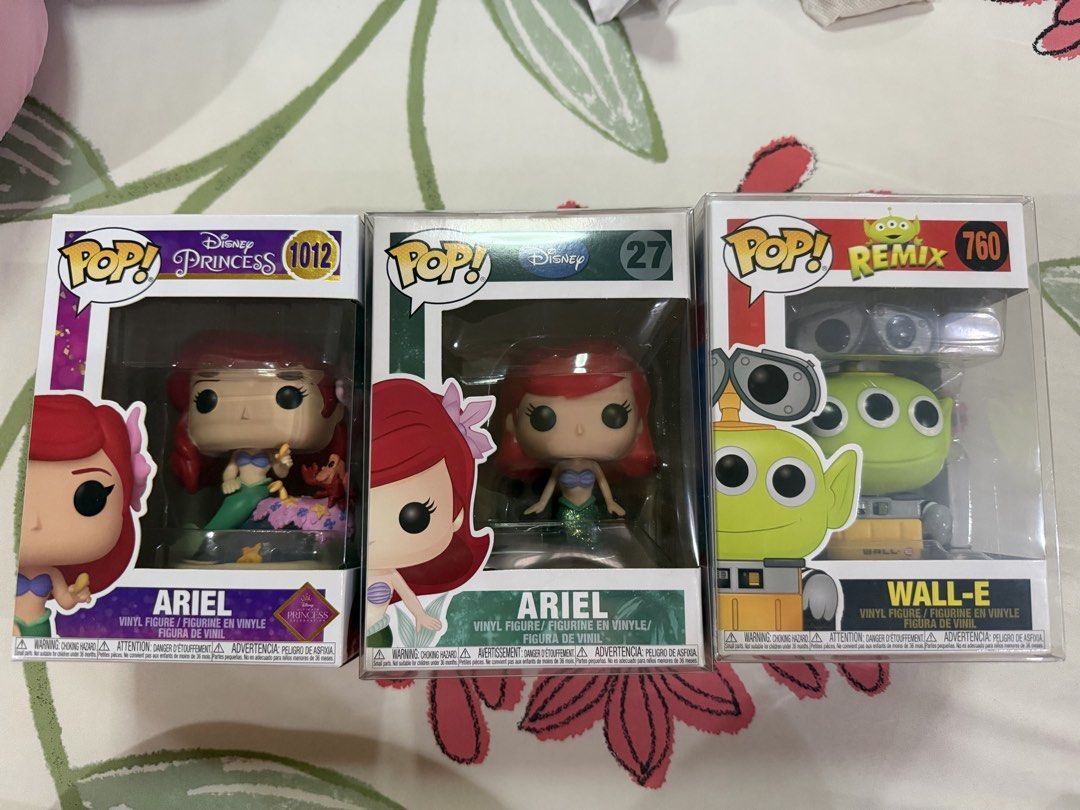 Funko Pop - Ariel & Wall-E Alien (Category: Designer & Blind Box Toys) located in Caloocan City. Submitted by shop_with_love (Listing ID 1458681564, Image 1). Description: - Funko Pop! Disney Princess Ariel (Figure #1012) - 850php (no protector) - Funko Pop! Disney Princess Ariel (Figure #27) - 900php (free protector) - Funko Pop! Pixar Remix Wall-E (Figure #760) - 900php (free protector) - in mint condition.