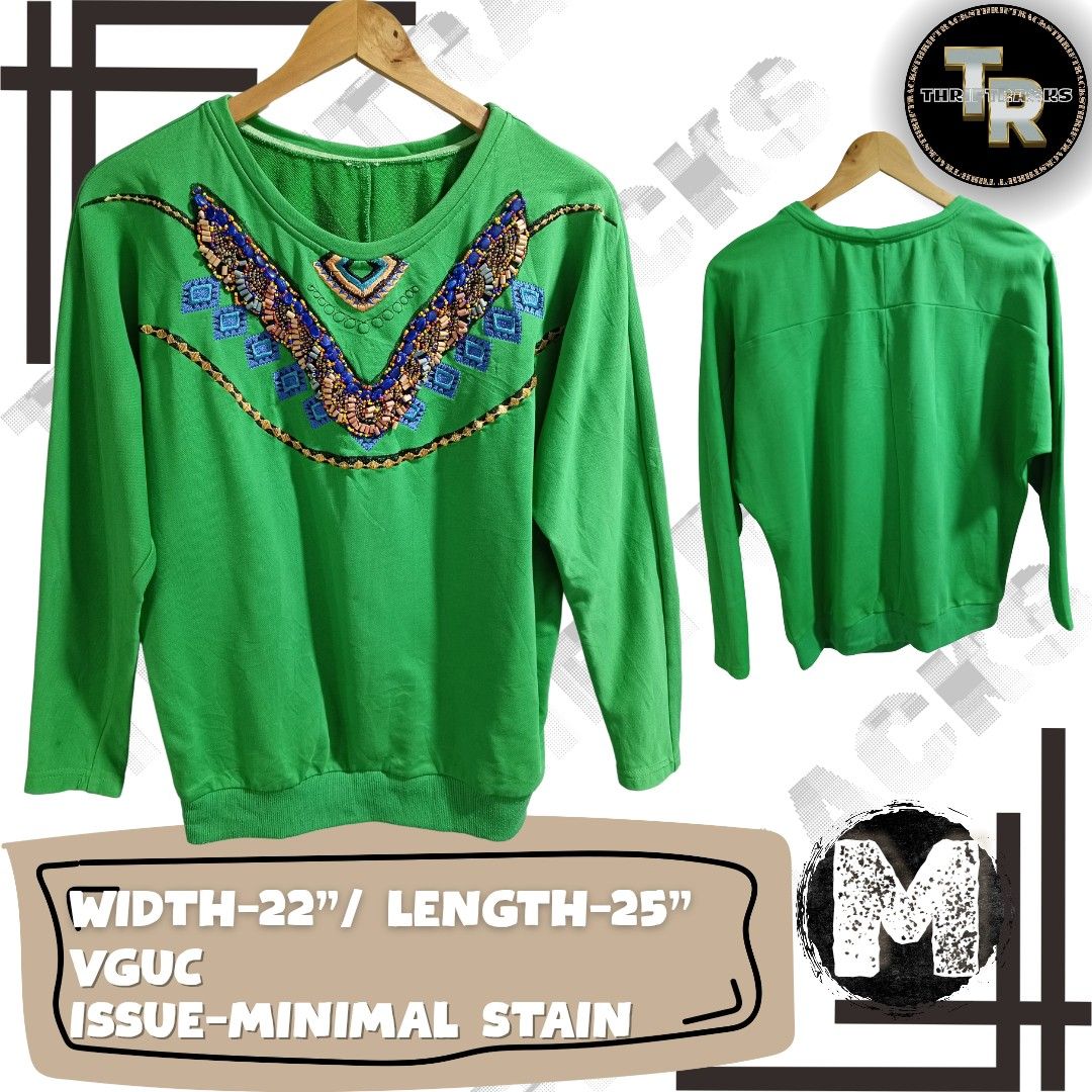 Green Sweatshirt with Embellished Neckline (Category: Longsleeves) located in Taytay. Submitted by ThriftRacks (Listing ID 1458553493, Image 1). Description: - Bright green long-sleeved sweatshirt - Features a colorful beaded and embroidered V-neck design - Measurements: 22" wide, 25" long - Ideal for a casual and stylish look.