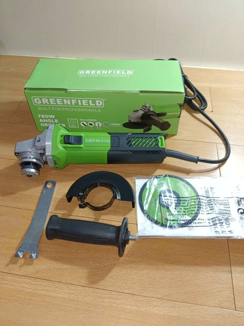 Greenfield 780W Angle Grinder with Accessories (Category: Construction Tools & Equipment) located in Mandaluyong City. Submitted by lh4n15 (Listing ID 1458672728, Image 1). Description: - Greenfield 780W Angle Grinder - Built for professional use - Includes: Safety guard, auxiliary handle, wrench - Comes with a cutting disc - Ideal for various cutting and grinding tasks - Original box included.