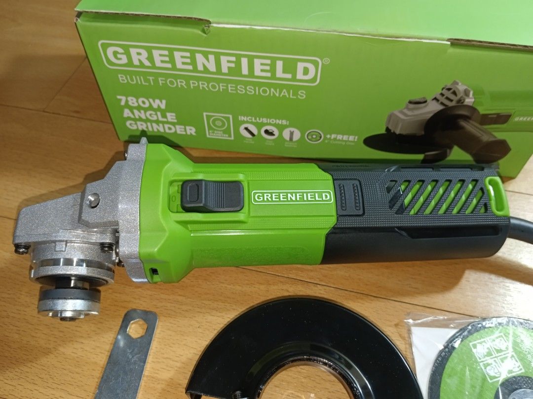 Greenfield 780W Angle Grinder with Accessories (Category: Construction Tools & Equipment) located in Mandaluyong City. Submitted by lh4n15 (Listing ID 1458672728, Image 2). Description: - Greenfield 780W Angle Grinder - Built for professional use - Includes: Safety guard, auxiliary handle, wrench - Comes with a cutting disc - Ideal for various cutting and grinding tasks - Original box included.