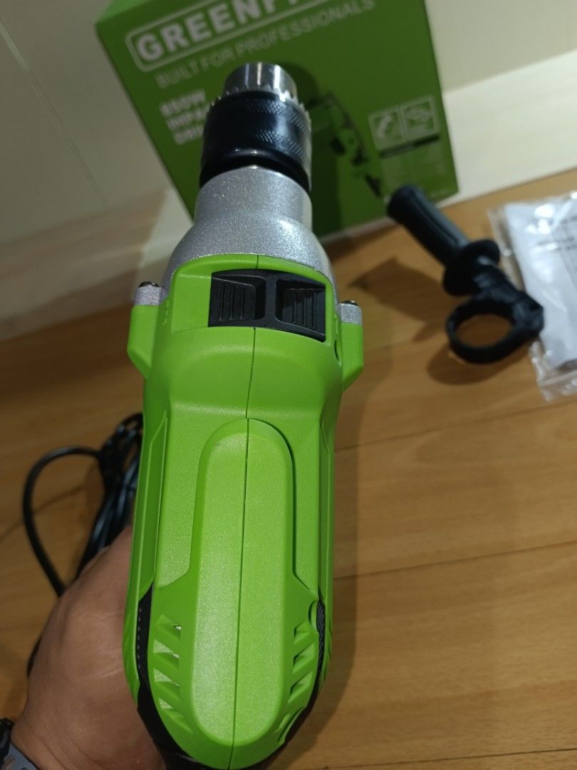 Greenfield 850W Impact Drill with Accessories (Category: Construction Tools & Equipment) located in Mandaluyong City. Submitted by lh4n15 (Listing ID 1458672041, Image 3). Description: brand new no issue - Greenfield 850W Impact Drill - Built for professionals - Ideal for DIY projects and construction work - Powerful and reliable performance - Includes: Drill, auxiliary handle, chuck key - Comes in original box - Corded electric power.