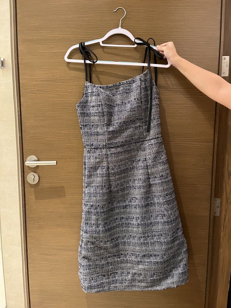 Grey Tweed Spaghetti Strap Dress with Tie Shoulders (Category: Dresses) located in Pasig City. Submitted by d_cluttered (Listing ID 1458658287, Image 2). Description: - Grey tweed dress with textured weave - Adjustable tie straps on shoulders - Fitted bodice and flared skirt - Knee-length cut - Versatile for smart casual or evening occasions.