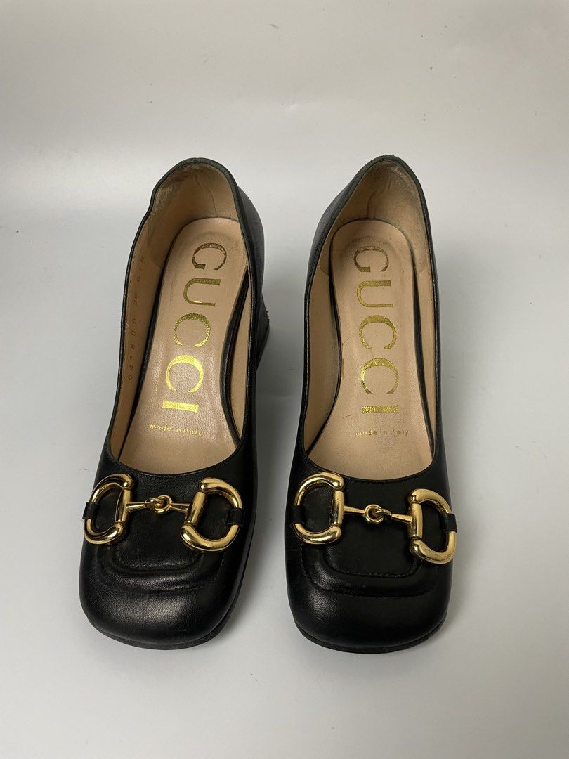 Gucci Black Leather Horsebit Block Heels (Category: Sneakers & Footwear) located in Manila. Submitted by rdtp2 (Listing ID 1458522291, Image 2). Description: Size 35 issue rubs makikita sa pic good condition 9/10.