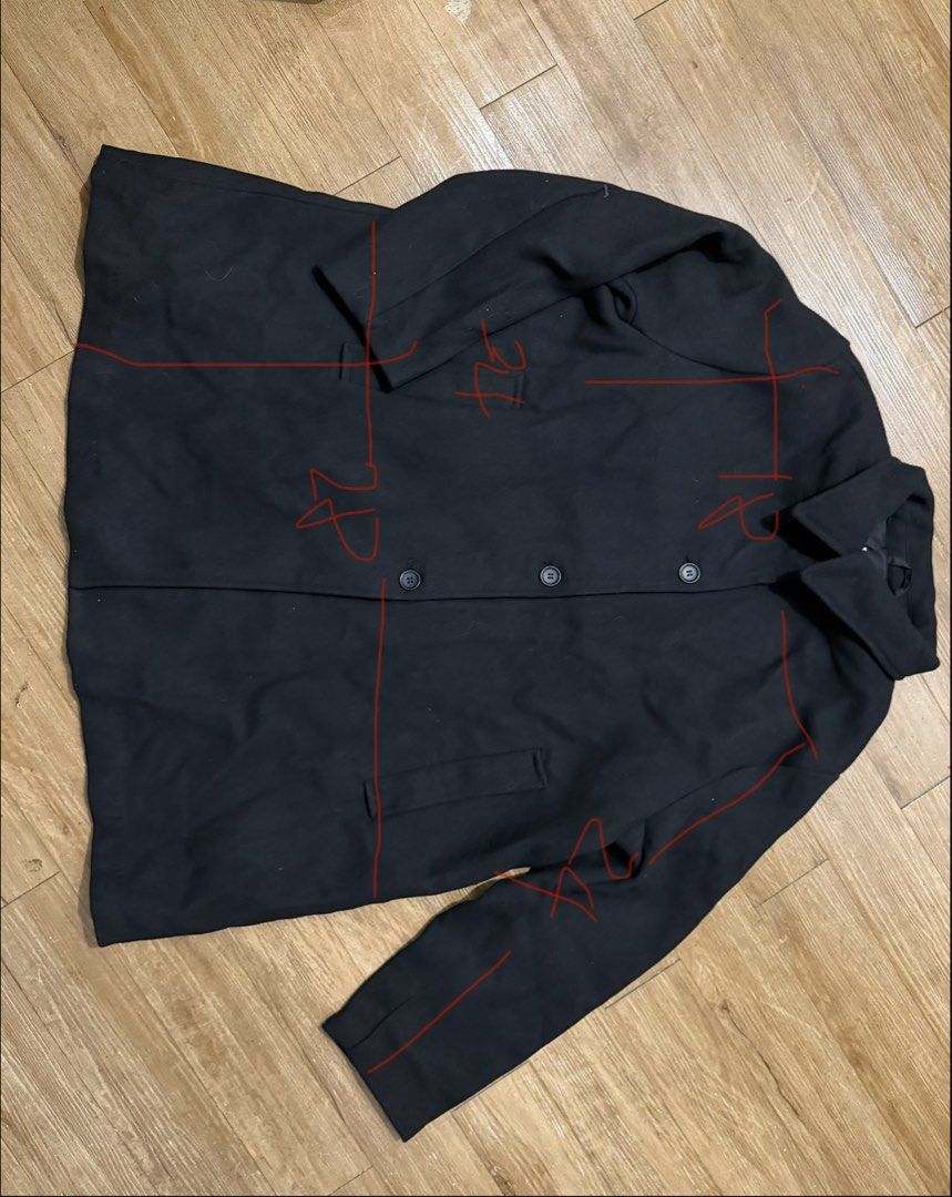 H&M Black Double-Breasted Wool Blend Coat XXL (Category: Coats, Jackets and Outerwear) located in Marikina City. Submitted by jyus21 (Listing ID 1458537836, Image 1). Description: Size: XXL Measurements on photo are all in Inches. Location: Marikina Shipping: j&t or Lalamove/Grab for same day delivery within Metro Manila - Classic black H&M coat - Double-breasted design with two buttons - Functional front pockets - Long sleeves with button cuff d