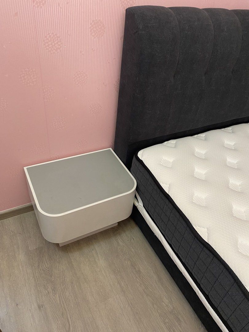 Interior designed bedside table (Category: Tables & Sets) located in Singapore. Submitted by Instantmee87 (Listing ID 1458602349, Image 2). Description: Bed side table Dimension: W50cm x D38cm x H35cm White color bed side table with Light Gray color leather top. Specially made for condo showflat standard. Selling $20 for self collection at Sengkang Grand Residences or Buangkok MRT.