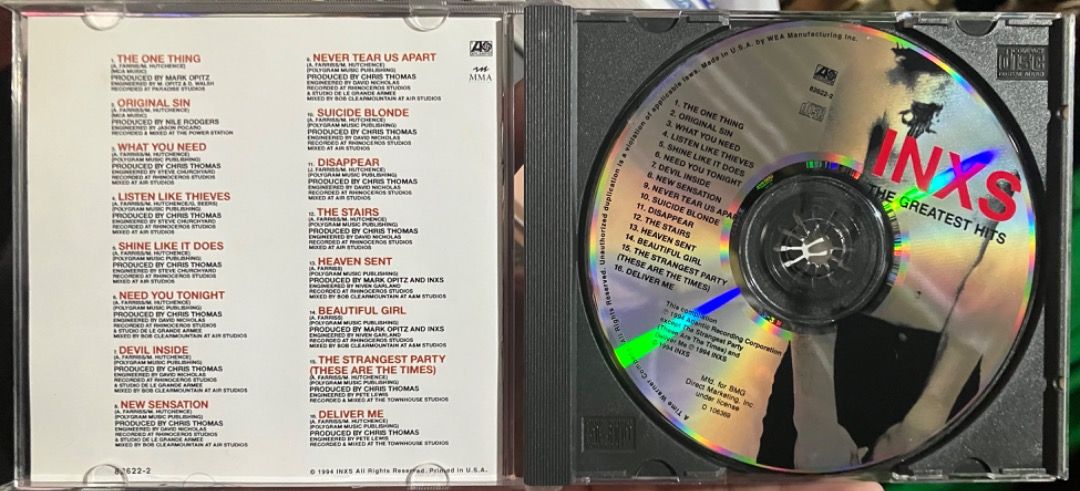 INXS The Greatest Hits CD (Category: CDs & DVDs) located in Makati City. Submitted by zek2zoe (Listing ID 1458666783, Image 3). Description: Selling from my personal/family collection. - CD/case in very good and working condition - Original, Pressed in the USA, year 1994 Reason for selling: - Declutter and make room for storage Info: - Classic Compilation: Features 16 definitive tracks spanning the legendary Australian rock band's peak era, inclu