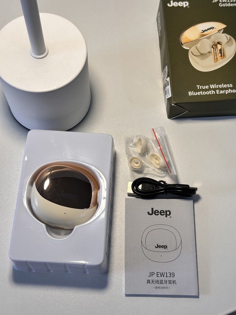 Jeep Golden True Wireless Bluetooth Earphone (Category: Earphones) located in Manila. Submitted by alikoriiv (Listing ID 1458563853, Image 2). Description: - Jeep EW139 True Wireless Bluetooth Earphones - Color: Golden - Includes charging cable - Comes with extra ear tips - All original packaging included - rfs: declutter * Location: Marikina City * Buyer will arrange the shipping and shoulder the shipping fee. * GCash only for payment..